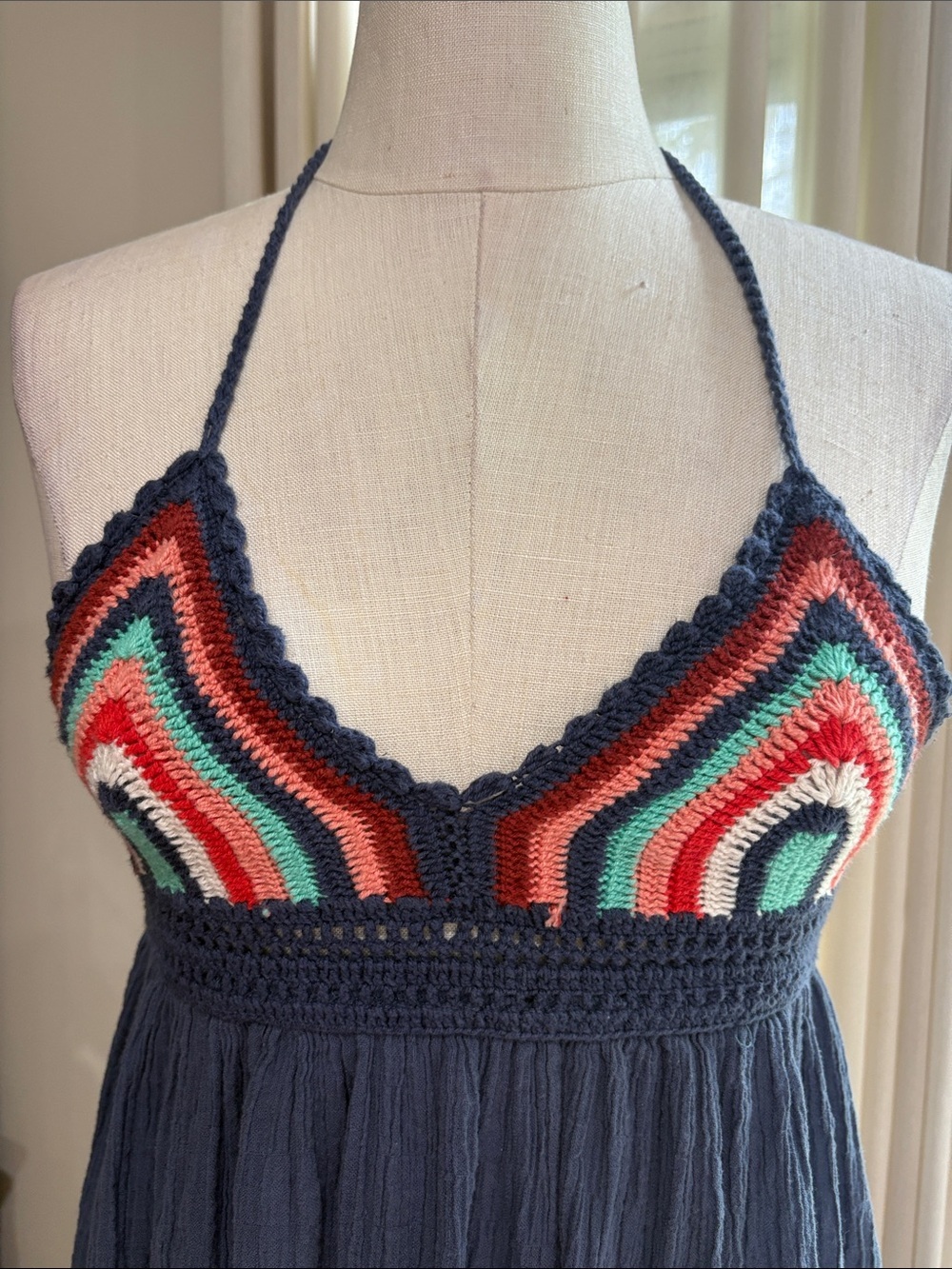 aerie rainbow crochet halter Maxi gauze navy boho sundress cotton XS / S - Picture 2 of 10